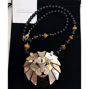 Vintage Lee Sands Lion Necklace Mother of Pearl Inlay Tiger Eye Bead
